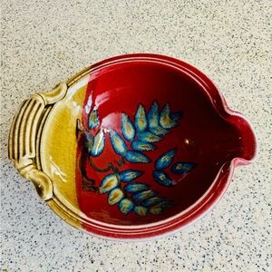 Vtg.Signed Handmade pouring pottery red + blue bowl with spout and handle.